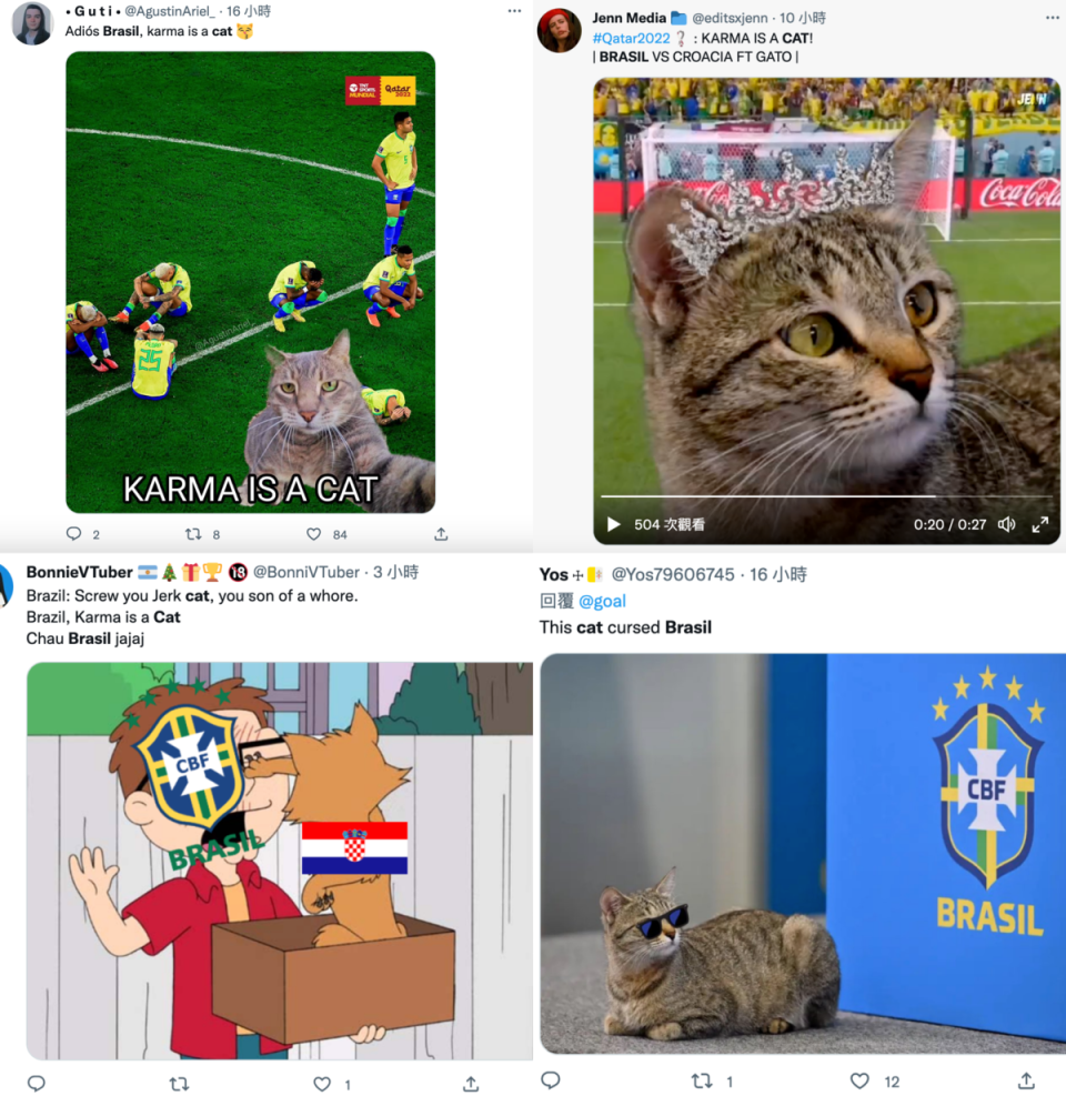 網友製作各式迷因哏圖與影片，調侃巴西丟貓導致輸球。（翻攝自Twitter）