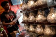 FILE PHOTO: Giant Hershey's Kiss chocolates are seen on display in a shop in New York City