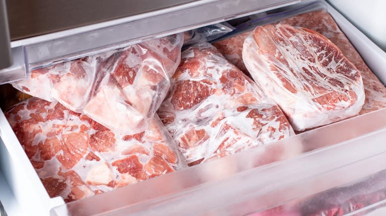 freezer drawer with frozen meat