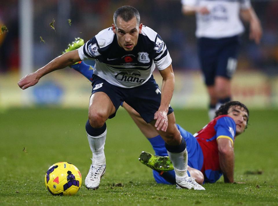 Crystal Palace's Mile Jedinak (R) challenges Everton's Leon Osman during their English Premier League soccer match at Selhurst Park in London, November 9, 2013.