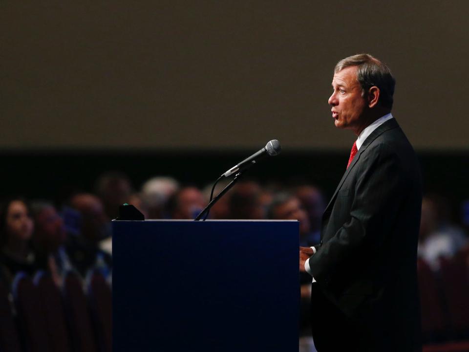 Supreme Court Chief Justice John Roberts speaks at the American Bar Association's annual meeting in Boston, Monday, Aug. 11, 2014.