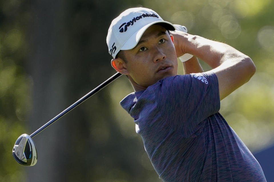 Collin Morikawa watches his tee shot on the 10th hole during the first round of the The Players Championship golf tournament Thursday, March 11, 2021, in Ponte Vedra Beach, Fla. (AP Photo/John Raoux)