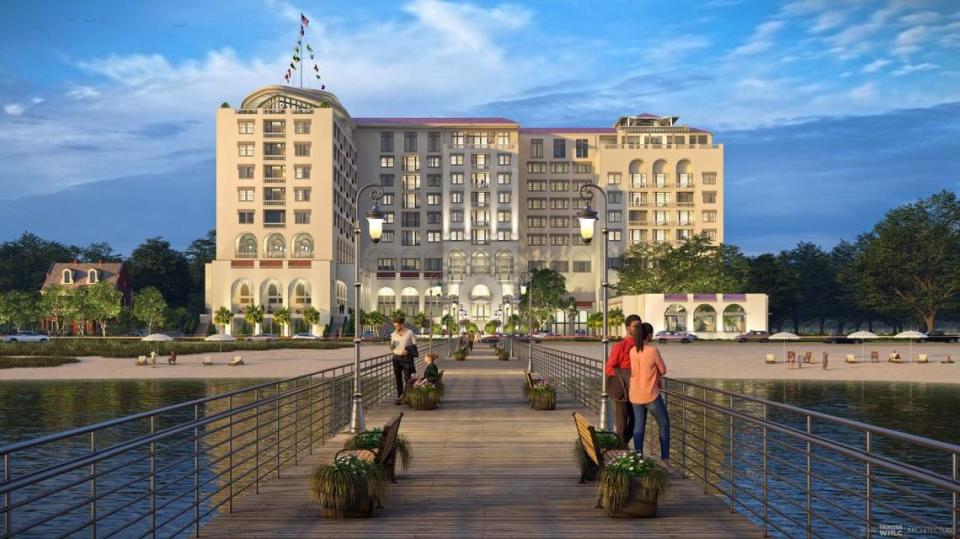 A rendering of the night view shows the proposed Tullis Garden Hotel in East Biloxi from a pier that is part of the project. The developer said the resort could not be built in the tidelands legislation passed.