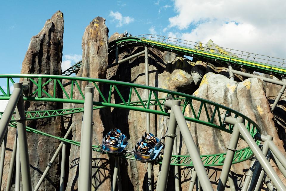 The first riders ride Lagoon’s new ride, Primordial, on its opening day at the amusement park in Farmington on Friday, Sept. 15, 2023. | Megan Nielsen, Deseret News