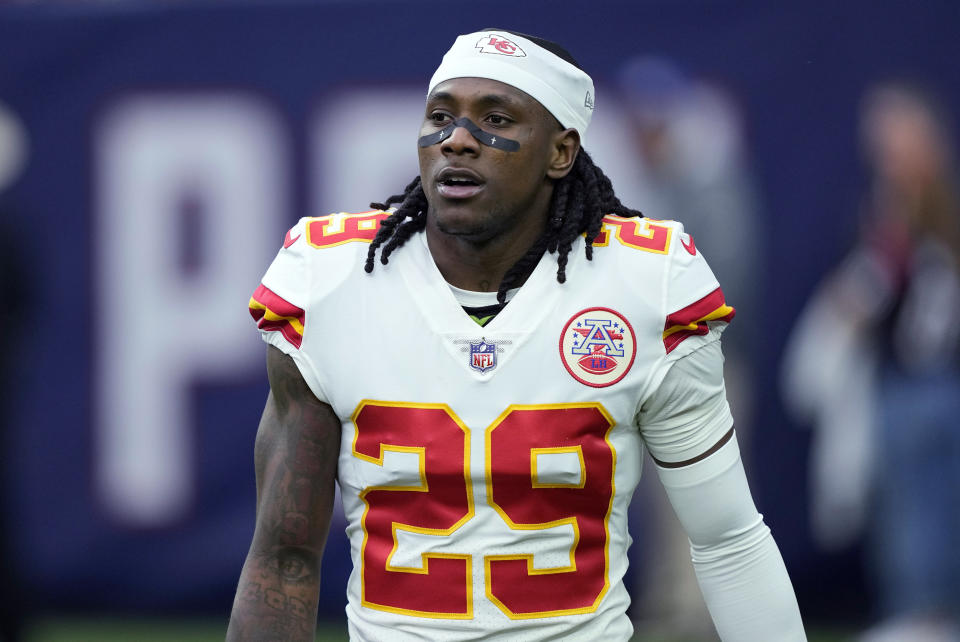 FILE - Kansas City Chiefs' Chris Lammons leaves the field before the team's NFL football game against the Houston Texans on Dec. 18, 2022, in Houston. A grand jury in Nevada has indicted New Orleans Saints running back Alvin Kamara, Cincinnati Bengals newly acquired cornerback Lammons and two others on two criminal counts in connection with an alleged beating at a Las Vegas nightclub last February. (AP Photo/David J. Phillip, File)