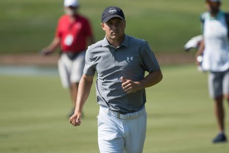 Jun 21, 2018; Cromwell, CT, USA; Jordan Spieth jogs up the 12th fairway during the first round of the Travelers Championship at TPC River Highlands. Mandatory Credit: Bill Streicher-USA TODAY Sports