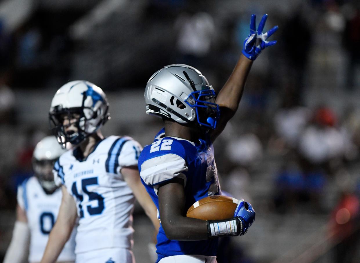 Estacado's Bobby Ross Jr. gestures "four" after his fourth touchdown against Midland Greenwood on Thursday. He finished with five TDs.