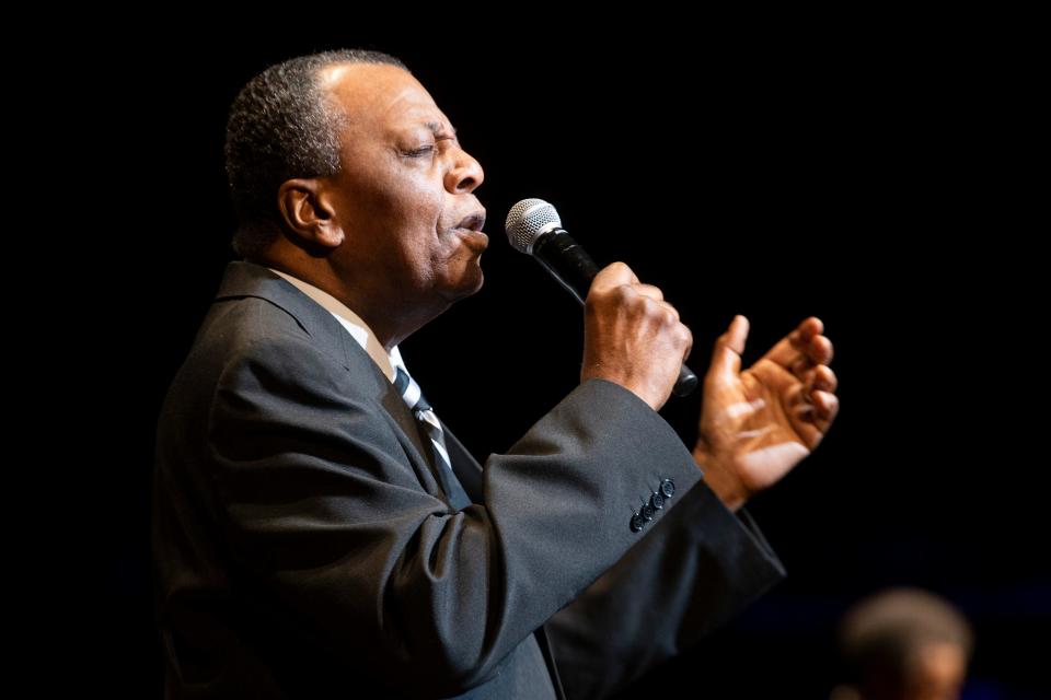 Melvin Mosley performs with the Spirit of Memphis Quartet after they were inducted during the 2023 Memphis Music Hall of Fame Induction Ceremony at the Cannon Center for the Performing Arts in Memphis, Tenn., on Thursday, October 12, 2023.