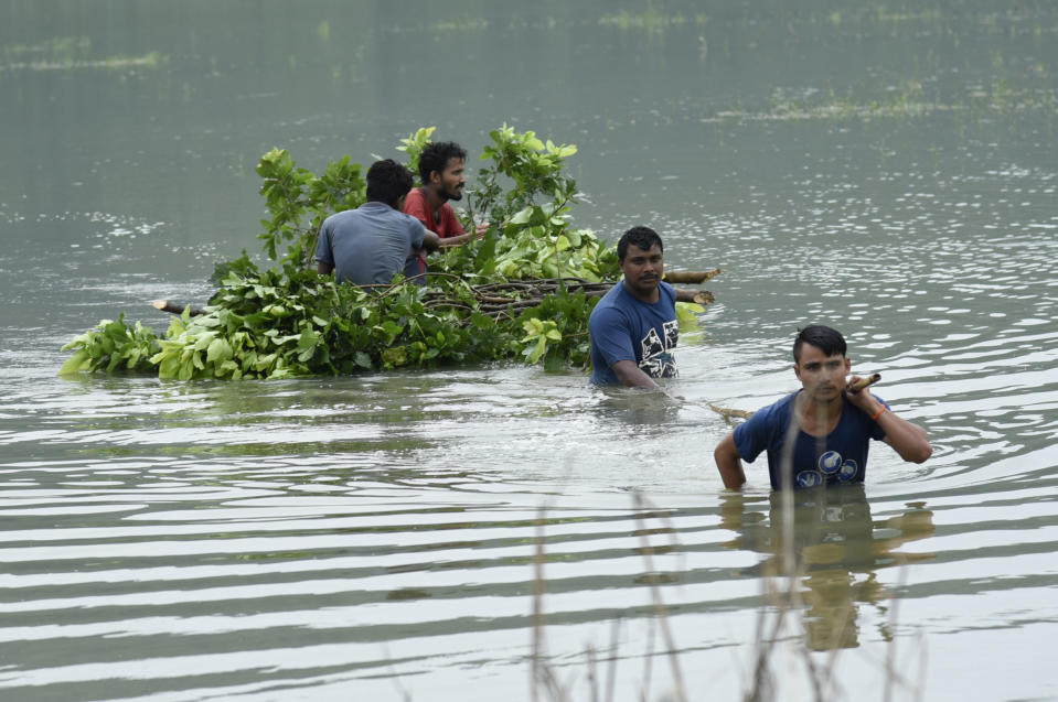 Villagers carry tree leaves for cattle, in a flood affected village in Morigaon district of Assam, in India on Monday, 20 July 2020. (Photo by David Talukdar/NurPhoto via Getty Images)