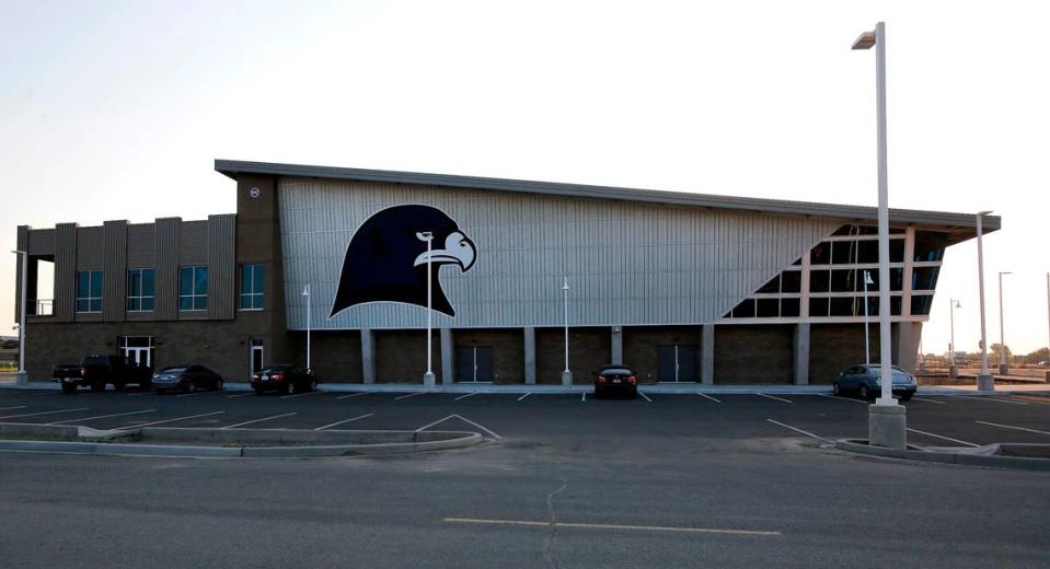 A large hawk adorns the outside of the new 80,000-square-foot student recreation center at Columbia Basin College in Pasco.
