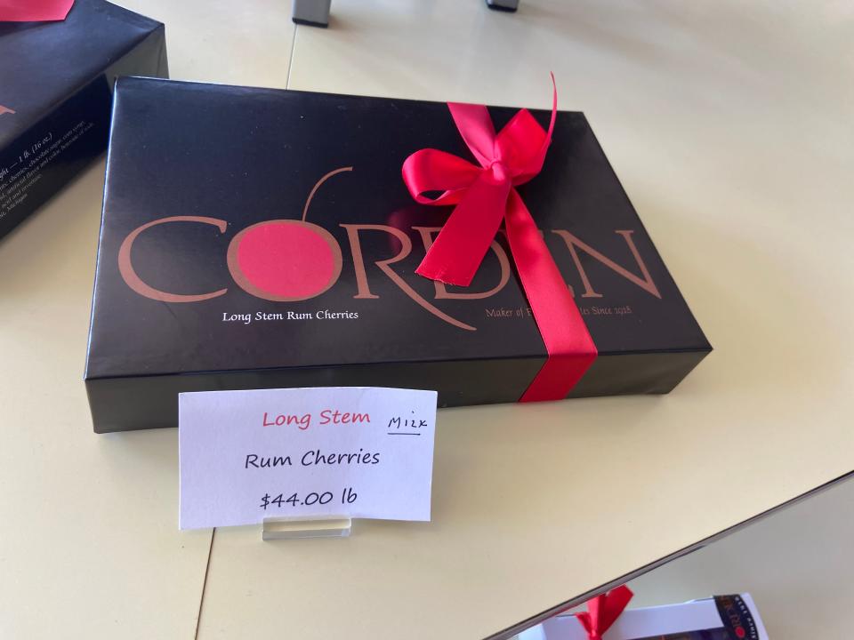 A box of Corden chocolates rum cherries.