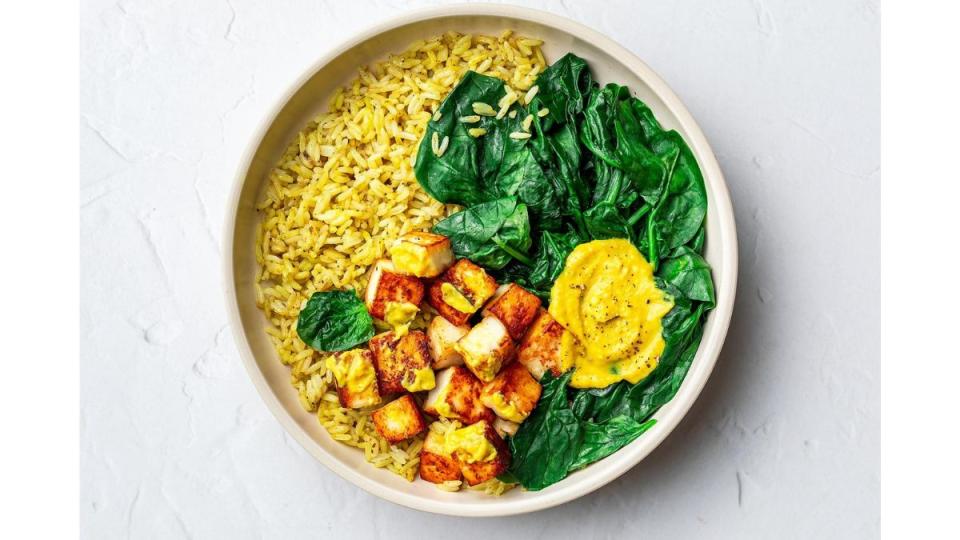 The Coconut Curry Paneer Rice Bowl, ready to eat.