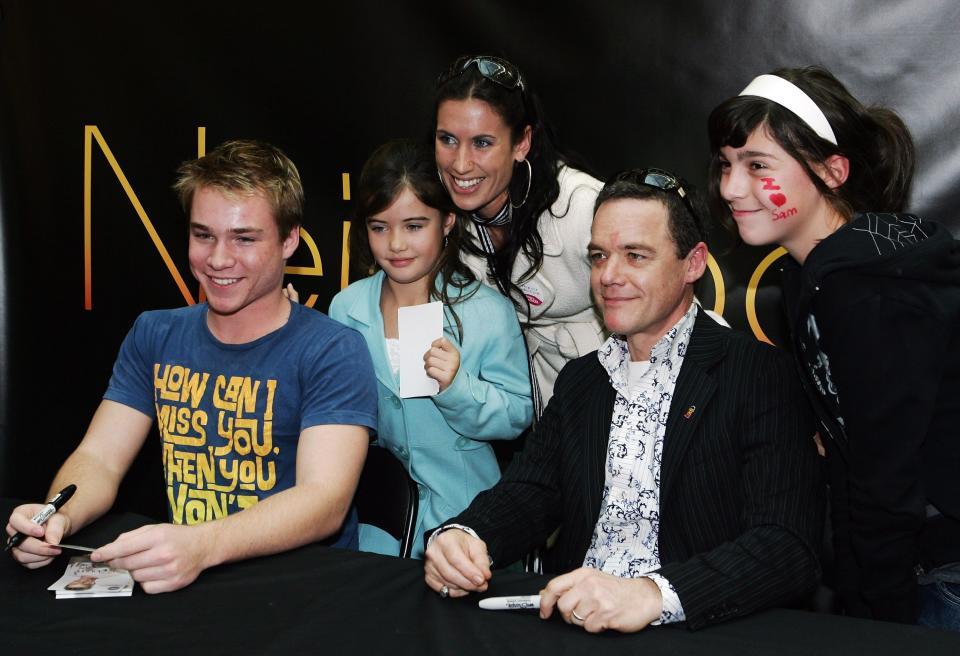 SYDNEY, AUSTRALIA - JULY 15:  Neighbours actors (L-R) Sam Clark and Stefan Dennis make a public appearance to launch the new Neighbours theme song at Westfield Parramatta on July 15, 2007 in Sydney, Australia.  (Photo by Gaye Gerard/Getty Images)