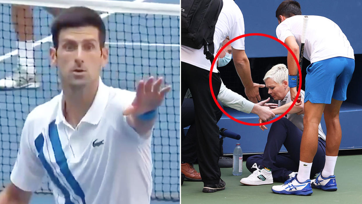 Seen here, Novak Djokovic looks shocked as the stricken line judge is attended to.