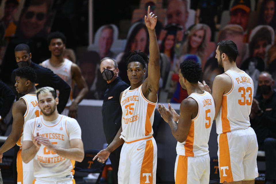 Tennessee Volunteers guard Yves Pons (35) waves to fans as he leaves the court during a win over Florida on March 7, 2021. (AP)