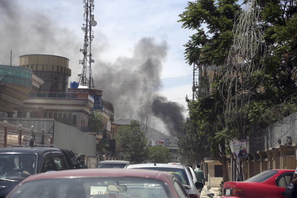 Smokes rises after a huge explosion near the offices of the attorney general in Kabul, Afghanistan, Wednesday, May 8, 2019. Insurgents targeted the counterpart international organization located near the offices of the attorney general in the capital Kabul, said Afghan officials on Wednesday. (AP Photo/Rahmat Gul)