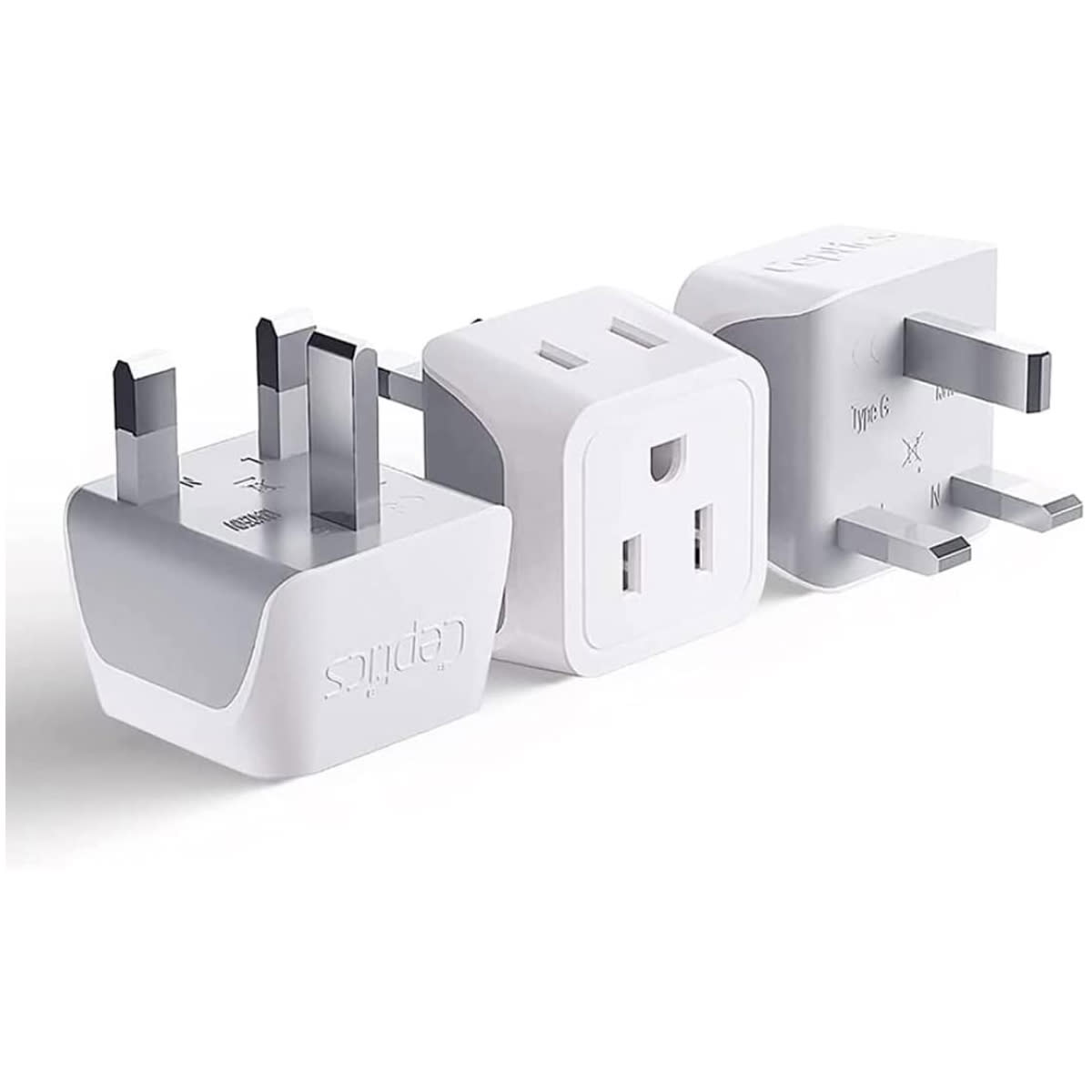 A U.K. to U.S. plug adapter, shown sitting on three different sides (Amazon)