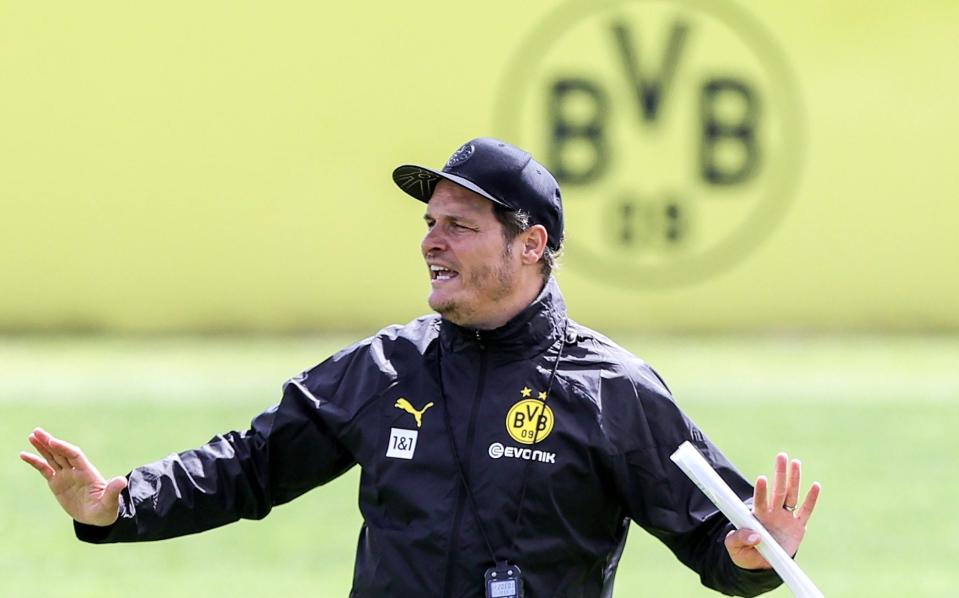 Dortmund head coach Edin Terzic gestures during the team's training on the Media Day ahead of the Champions League final in Dortmund