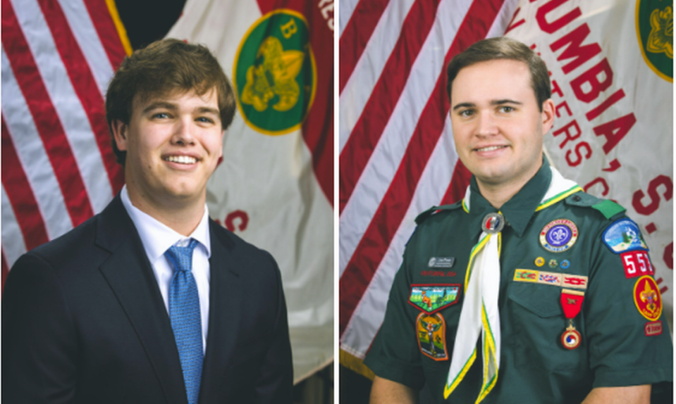 Charles Segars, left, and Joseph Pope, right, are Clemson University juniors credited with saving the lives of two people in a car crash. Provided photos/Indian Waters Council of the Boy Scouts of America