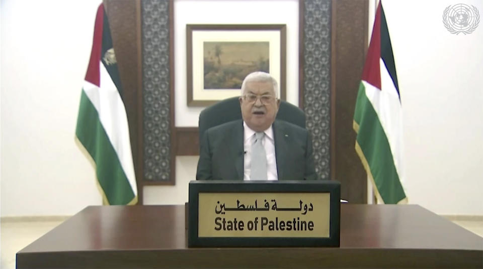 In this image made from UNTV video, Palestinian President Mahmoud Abbas speaks in a pre-recorded message which was played during the 75th session of the United Nations General Assembly, Friday, Sept. 25, 2020, at UN headquarters, in New York. (UNTV via AP)