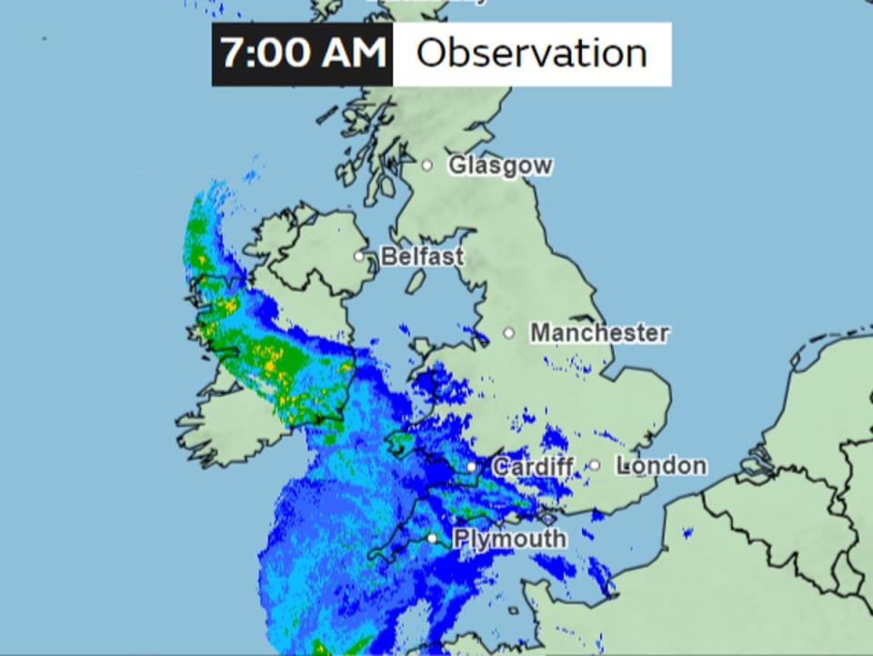 More regions in England and Wales can experience heavier rainfall by 7am as the band of rain expands (Met Office)