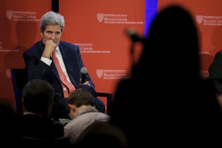 U.S. Secretary of State John Kerry listens to a question from student during an event sponsored by Harvard University in Cambridge, Massachusetts October 13, 2015. REUTERS/Brian Snyder