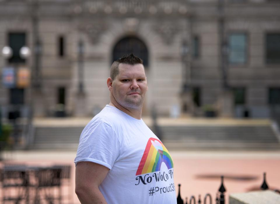 Anthony Bovenzi of the North Worcester County Pride that will be holding its first in-person celebration from July 13-17 since the pandemic. Bovenzi was on the Worcester Common Tuesday.