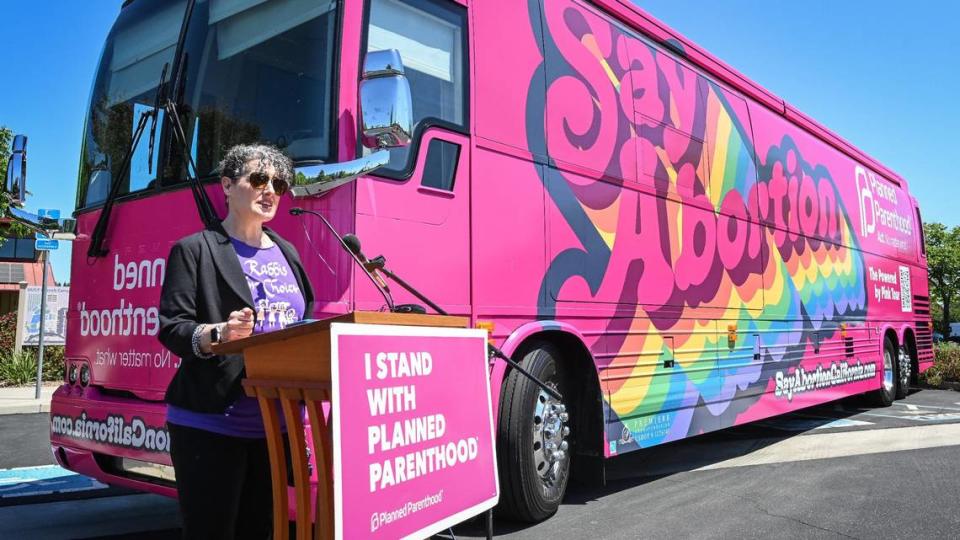 Fresno Rabbi Laura Novak Winer speaks during the Planned Parenthood Affiliates of California “Powered by Pink” Bus Tour stop at the Unitarian Universalist Church of Fresno on May 17, 2022.