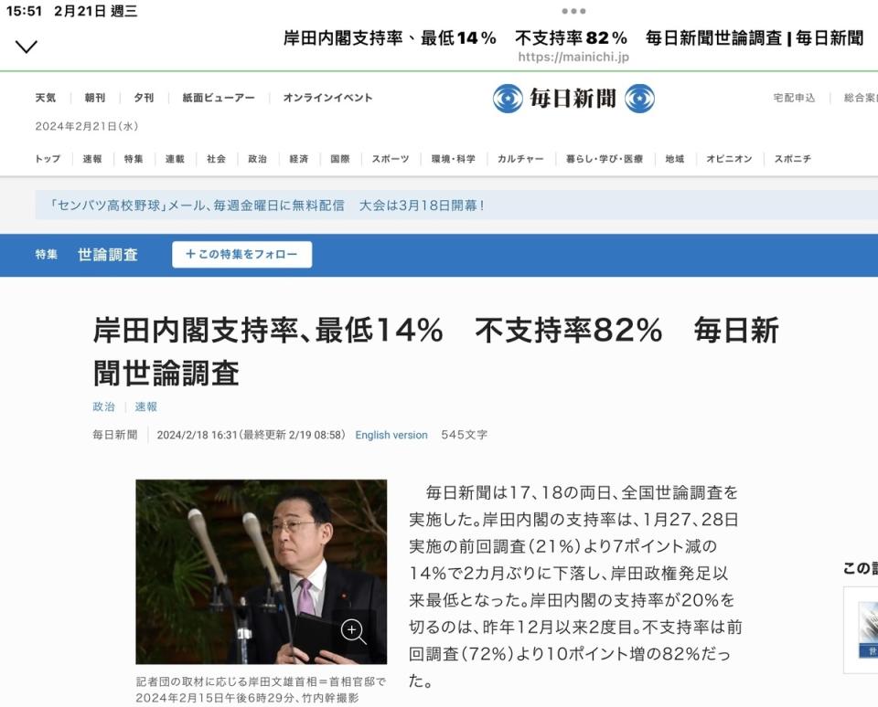  每日新聞民調顯示岸田支持率只有14%，不支持率82%，寸步難行，搞實質增稅更惹人厭 圖:翻攝自每日新聞官網 