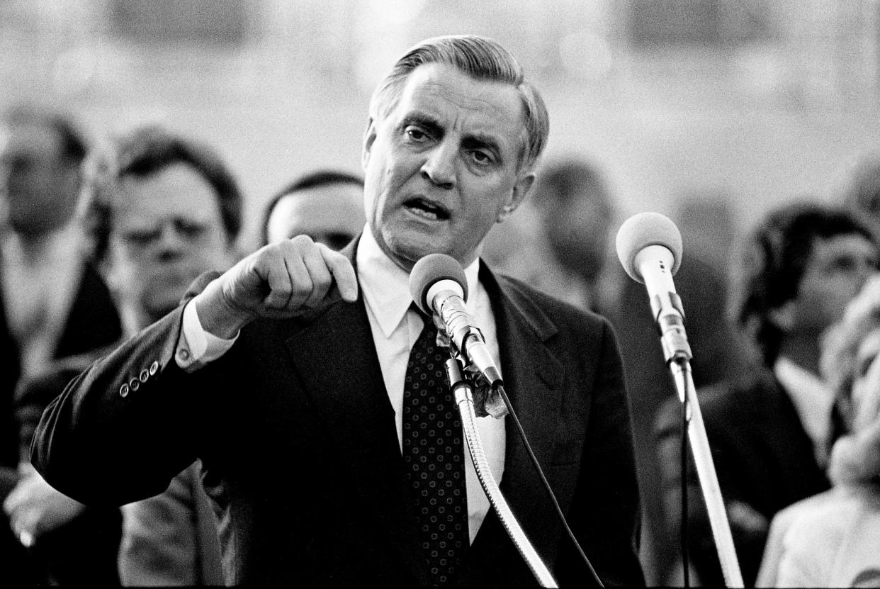 Democratic presidential candidate Walter Mondale attacks President Ronald Reagan, particularly on foreign policy, in his speech to supporters during a rally on the steps of the Legislative Plaza in downtown Nashville on April 24, 1984.