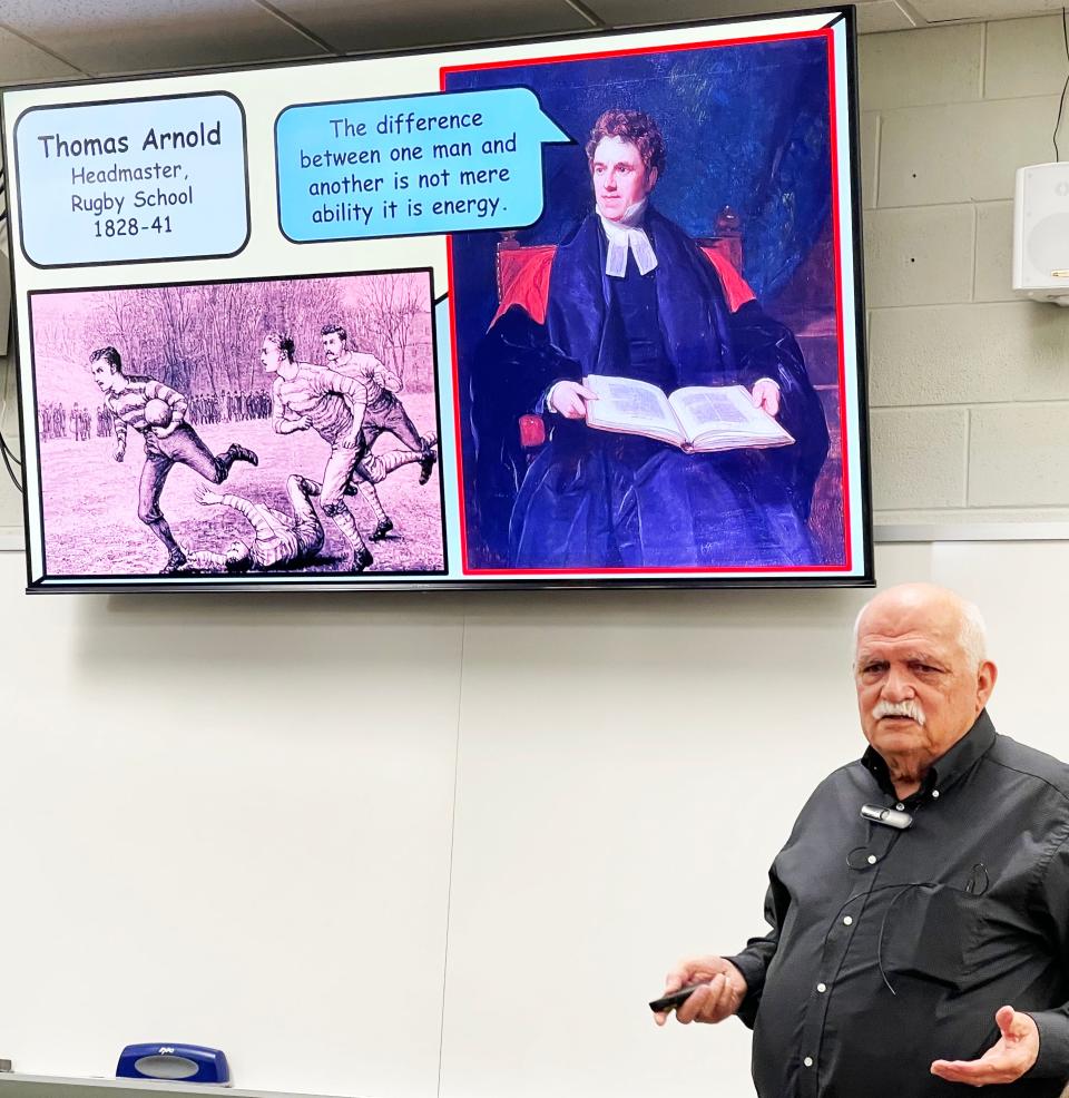 Fred Bailey, Oak Ridge Institute for Continued Learning (ORICL) history instructor, talks about his slide on Thomas Arnold, the Rugby School headmaster who was a mentor for Thomas Hughes, founder of Rugby, Tennessee.