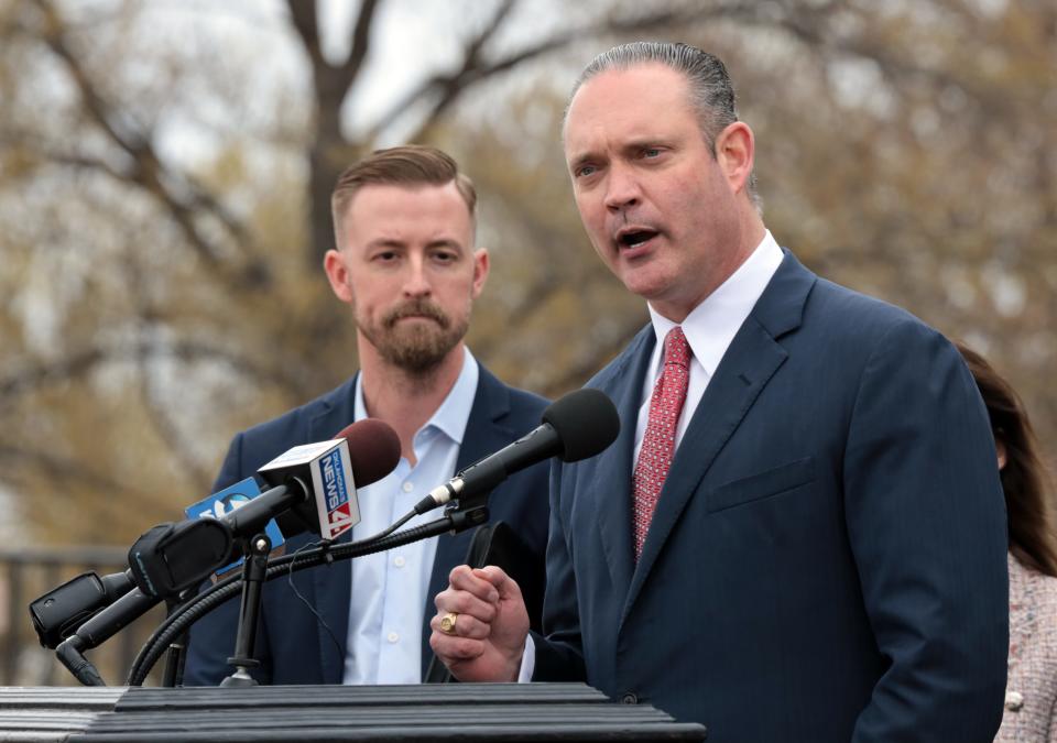 Speaker of the House Charles McCall speaks at a pro-school choice rally on the south steps of the Oklahoma State Capitol on March 30, 2023 in Oklahoma City, Okla.