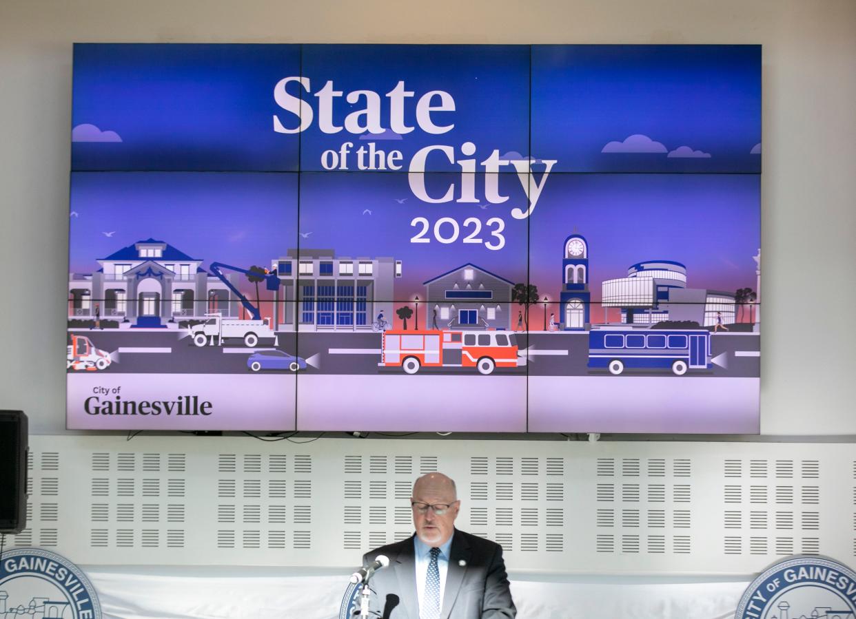 Gainesville Mayor Harvey Ward delivers the State of the City address at Cade Museum on Tuesday, Feb. 14, 2023. Ward talked about the current state of Gainesville and future plans in the annual address.