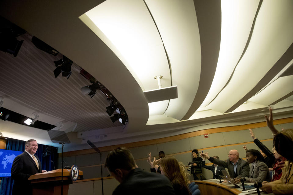 Secretary of State Mike Pompeo fields questions during a news conference at the State Department on Nov. 18, 2019. 