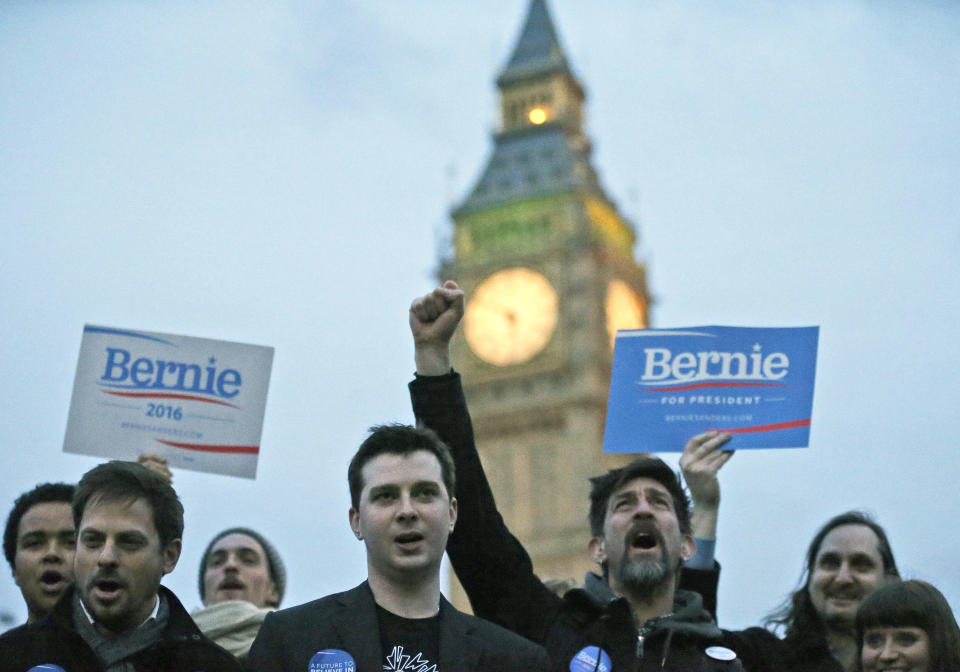 Supporters of democratic candidate Bernie Sanders gather in London, Tuesday, March 1, 2016 as voting begins in the U.S. Democrats Abroad Global Presidential Primary.(AP Photo/Frank Augstein)