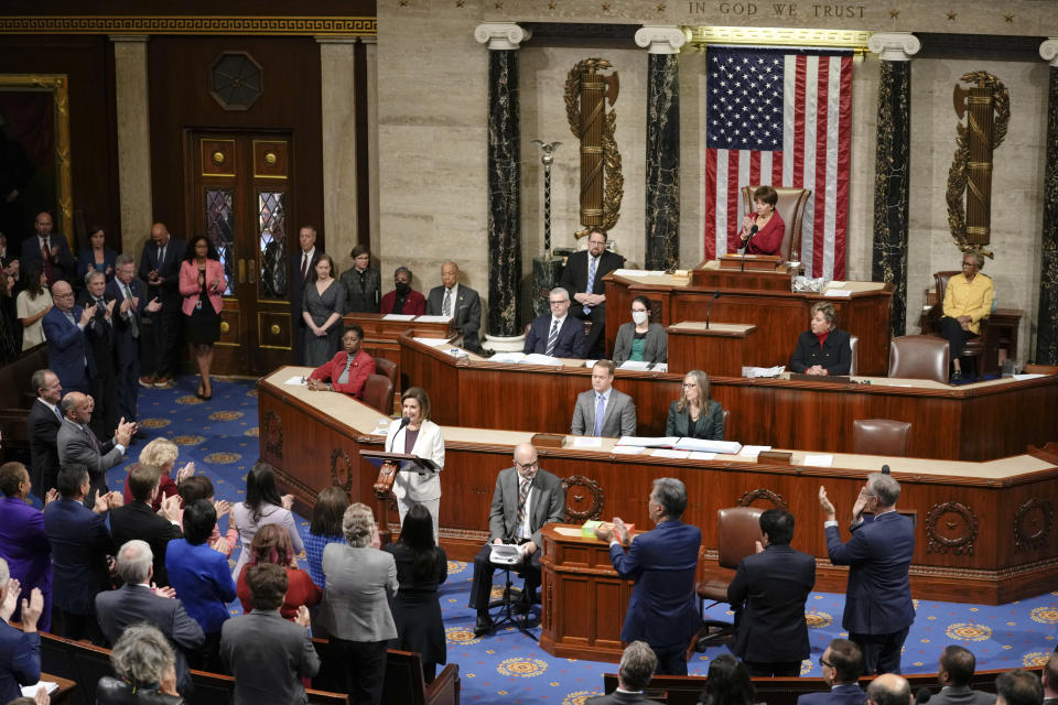 Lawmakers stand and applaud as House Speaker Nancy Pelosi of Calif., speaks on the House floor at the Capitol in Washington Thursday, Nov. 17, 2022. Pelosi’s decision to step down from Democratic leadership after 20 years has many women admiring the way she wielded power. (AP Photo/Carolyn Kaster, File)