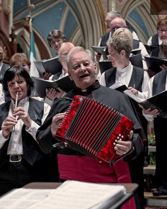 William O'Neill performs with the Carrogbyrne Pike & Choir from County Wexford, Ireland, at the then Cathedral of St. John the Baptist before St. Patrick's Day 2010. [Courtesy William O'Neill]