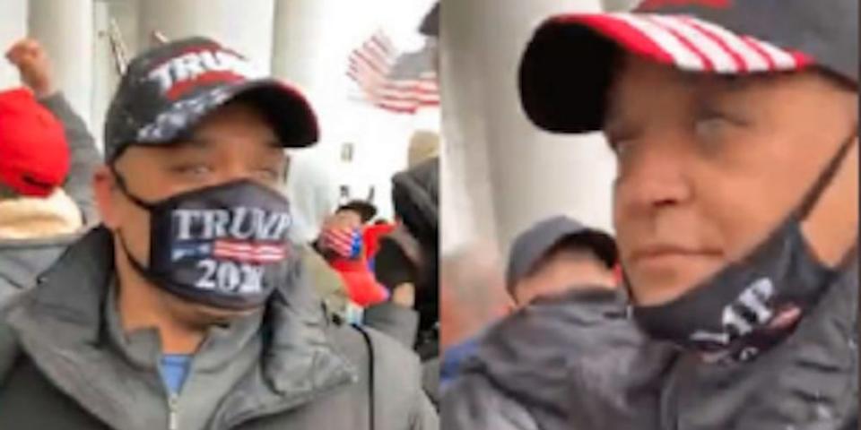 Woods at the Capitol riot wearing a Donald Trump face mask and hat