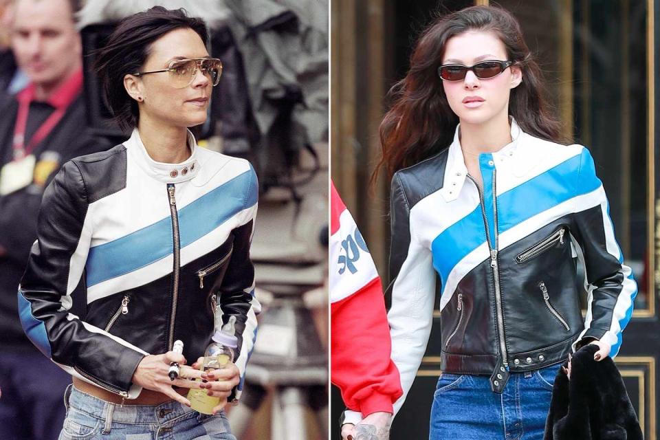 <p>Alex Livesey/Allsport; affinitypicture/BACKGRID</p> Nicola Peltz Beckham (right) wears the same Dolce & Gabbana biker jacket worn by mother-in-law Victoria Beckham in 2001