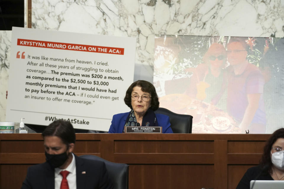 Sen.Dianne Feinstein, D-Calif., speaks during the confirmation hearing for Supreme Court nominee Amy Coney Barrett at the Senate Judiciary Committee on Capitol Hill in Washington, Monday, Oct. 12, 2020. (Greg Nash/Pool via AP)