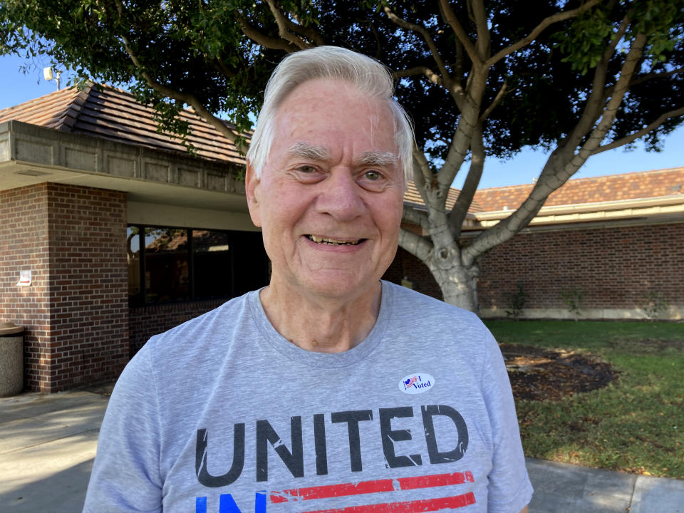 Steve Marsh, a 75-year-old retired realtor from Westminster, Calif. poses for a photo on Tuesday, Sept. 14, 2021. Marsh said he voted for the recall for many reasons, including Newsom's handling of the pandemic and the closure of many businesses. He said he is a Republican and generally doesn't vote for Democrats, who he feels are too supportive of tax increases. He chose Larry Elder to replace Newsom as he feels that Elder shares his politically conservative views. (AP Photo/Amy Taxin)