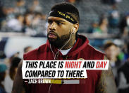 Eagles linebacker Zach Brown <a href="https://sports.yahoo.com/eagles-lb-zach-brown-says-difference-between-philly-and-washington-is-night-and-day-155107573.html" data-ylk="slk:explains the difference;elm:context_link;itc:0;sec:content-canvas;outcm:mb_qualified_link;_E:mb_qualified_link;ct:story;" class="link  yahoo-link">explains the difference</a> from his former Washington Redskins to the move to Philadelphia.