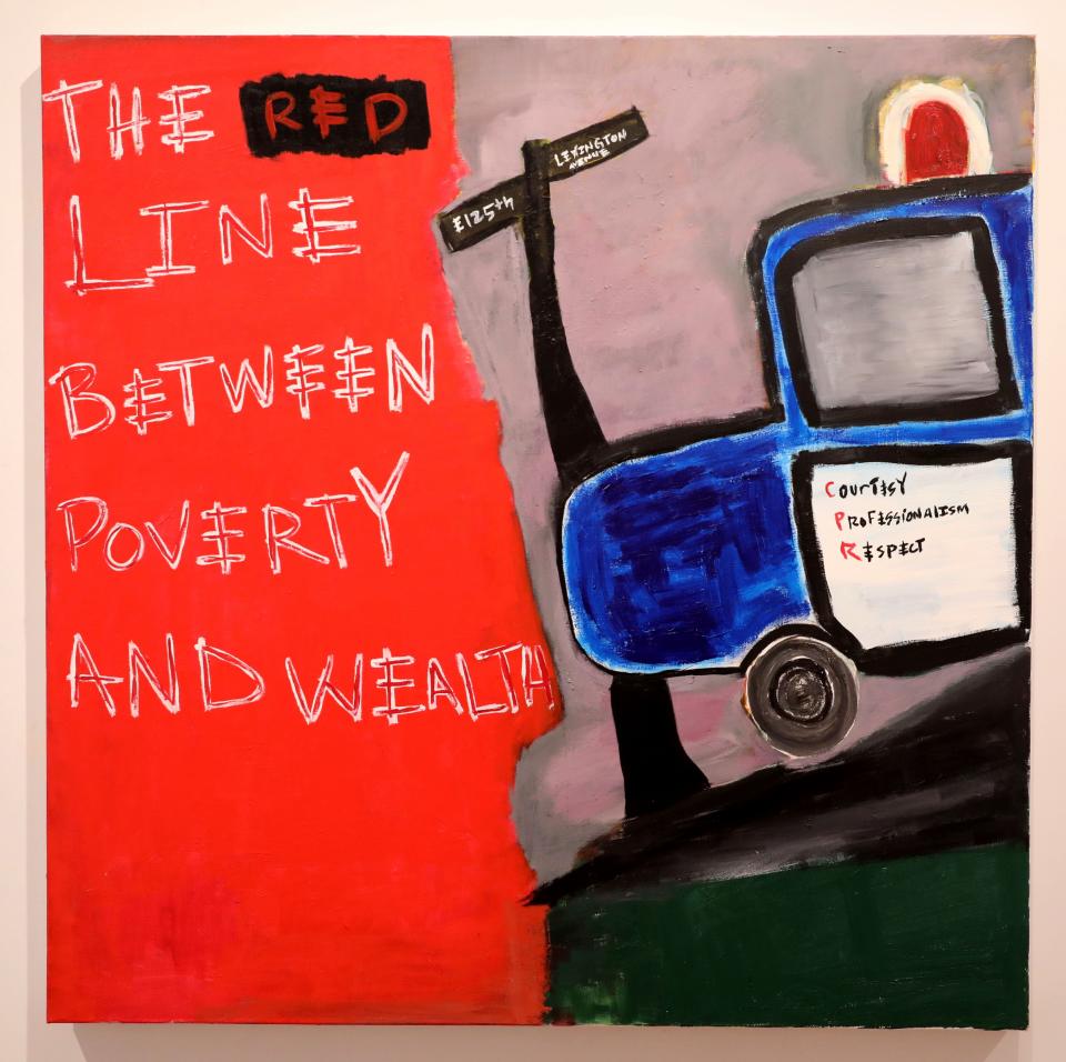 "Redlining" is a piece of art on exhibit by artist Shanequa Benitez at the YonkersArts gallery on Lake Avenue in Yonkers, as pictured Feb. 24, 2023. The show is called, "But Itâ€™s Ours" The Redline Between Poverty and Wealth.