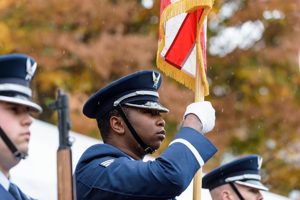 Presentation of the Colors by the Dover Air Force Base Honor Guard. Unveiling ceremony of a monument honoring Delawareans who served in the wars in the Middle East and Afghanistan on the north side of Legislative Hall in Dover.