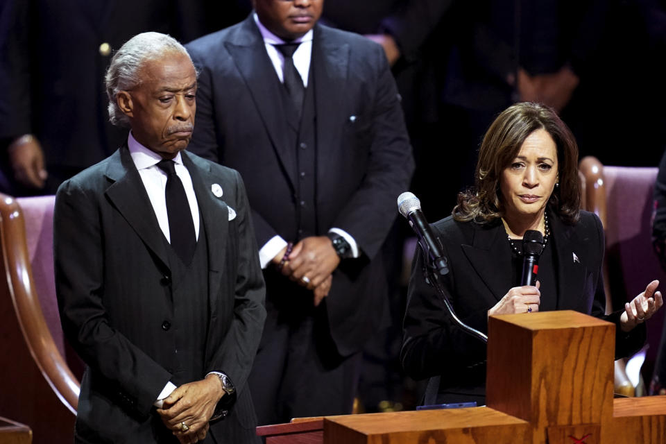 Rev. Al Sharpton listens as Vice President Kamala Harris speaks during the funeral service for Tyre Nichols at Mississippi Boulevard Christian Church in Memphis, Tenn., on Wednesday, Feb. 1, 2023. Nichols died following a brutal beating by Memphis police after a traffic stop. (Andrew Nelles/The Tennessean via AP, Pool)