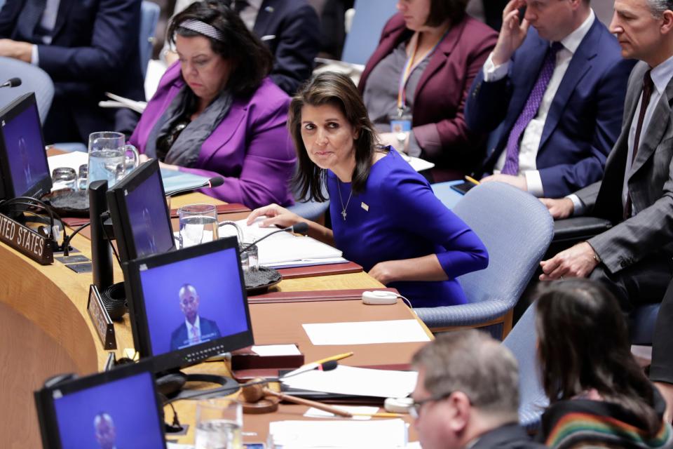 Nikki Haley, Permanent Representative of the United States to the UN during a Security Council Meeting.