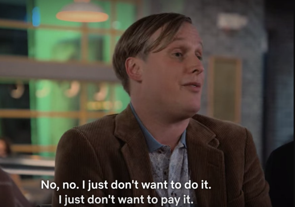 john early wears a suit and looks to the side saying "no, no, i just don't want to do it. i just don't want to pay it."