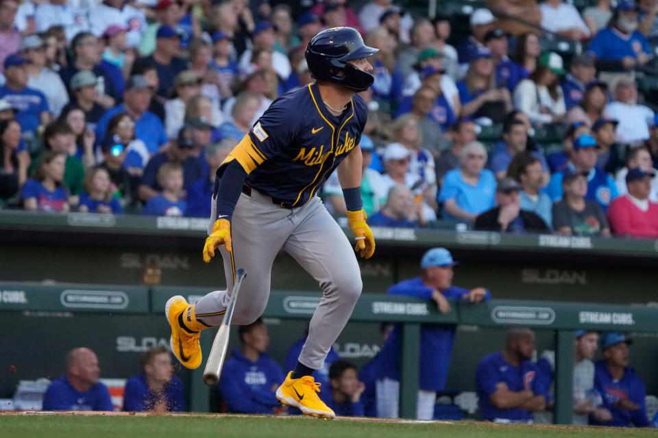 Brewers centerfielder Garrett Mitchell hits a double against the Chicago Cubs on March 12.