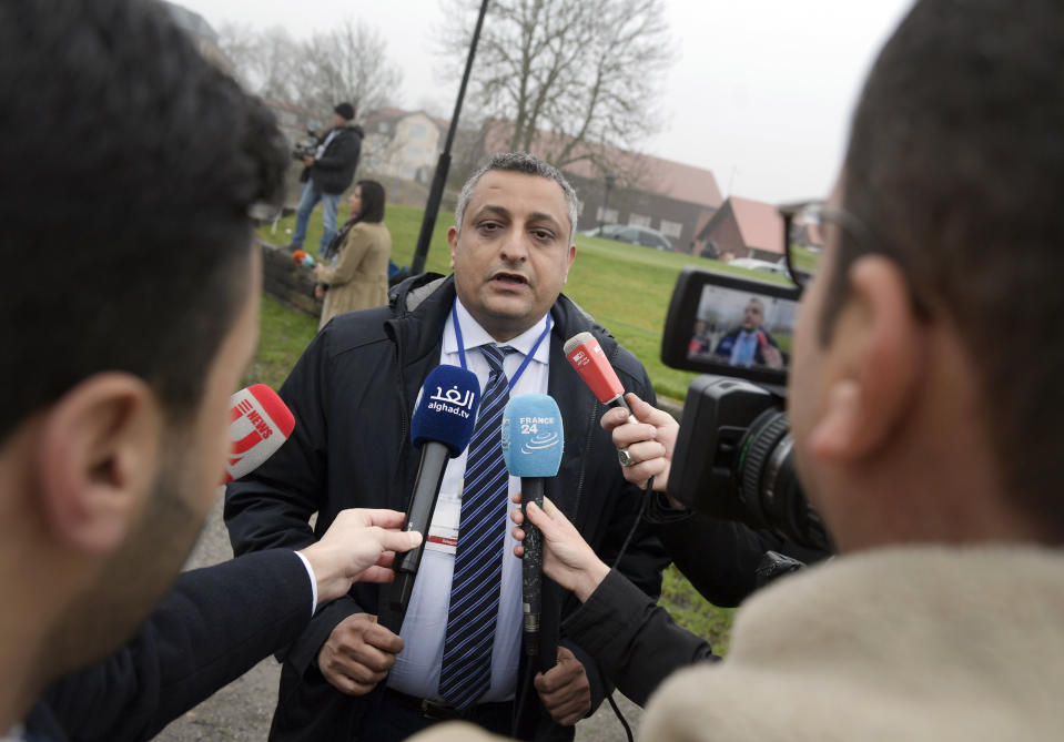 Yemen's Minister of Culture Marwan Dammaj speaks to journalists during the ongoing peace talks on Yemen held at Johannesberg Castle, in Rimbo, Sweden, Friday, Dec. 7, 2018. The United Nations’ refugee agency said Friday that there have been nearly 1,500 civilian casualties in Yemen from August through October, the latest grim tally to emerge from a 4-year civil war as opposing parties meet for talks in Sweden. (Janerik Henriksson/TT via AP)