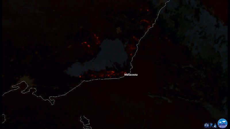 A satellite image shows heat signatures associated with wildfires around Mallacoota, Australia